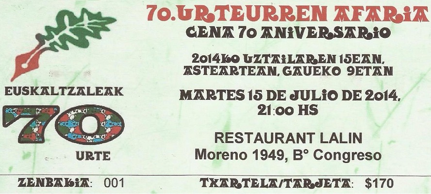 El euskaltegi Euskaltzaleak de Buenos Aires celebrará su 70 aniversario el próximo martes 15 de julio 